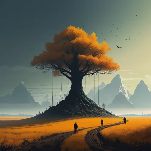 isolated tree,lone tree,fantasy landscape,mushroom landscape,world digital painting,flourishing tree,tree of life,landscape background,fantasy picture,old tree,magic tree,forest tree,bodhi tree,a tree,autumn tree,brown tree,strange tree,tree thoughtless,painted tree,tree,Conceptual Art,Sci-Fi,Sci-Fi 07