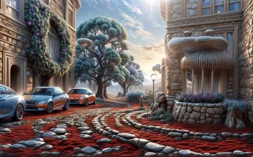 world digital painting,futuristic landscape,digital compositing,post-apocalyptic landscape,3d car wallpaper,sci fiction illustration,fantasy landscape,city car,fantasy picture,volkswagen new beetle,kia motors,road of the impossible,bmw x1,alpine drive,cartoon video game background,3d fantasy,sustainable car,terraforming,virtual landscape,cars cemetry