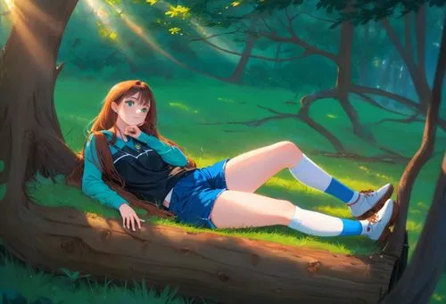 the serene landscape of a caucasian girl's home comes alive as she gazes down on a forest of emerald green leaves. She wears a cozy blue blouse and a black top, and a cozy blue shorts white socks, whi