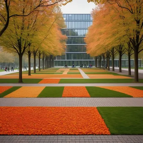 Dutch-style landscape architecture, TU Delft campus, autumn season, vibrant orange leaves, lush green grass, modern university buildings, sleek glass facades, angular lines, geometric shapes, minimali