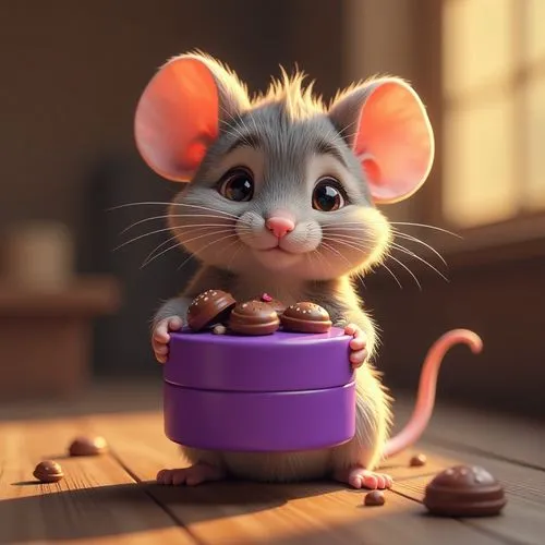 Eine süße Maus mit weichem fluffigen Fell hält dem Betrachter eine lilafarbene Pralinenschachtel hin. Text "MILKA". 3D, HDR.,the disney mouse has a box filled with nuts,tikus,mousie,ratatouille,tittle