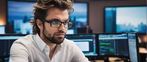 Software developer, male, 30s, standing, hands behind back, white shirt, black pants, glasses, messy hair, facial stubble, looking at a large screen, coding, laptop, desk, office, modern architecture 