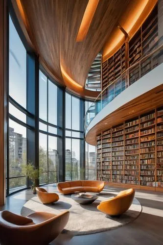 Contemporary library, futuristic architecture, grand atrium, sweeping curves, minimalist interior, floor-to-ceiling windows, natural light pouring in, modern bookshelves, wooden accents, comfortable r