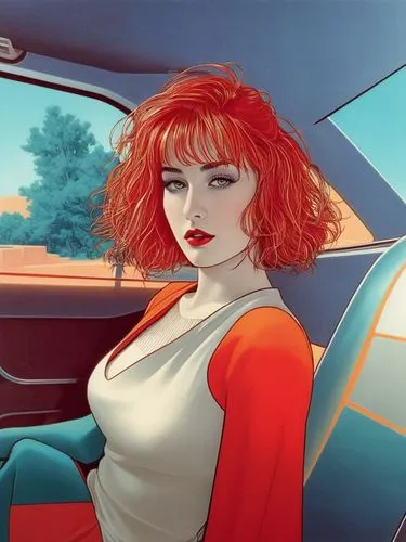 a picture of a woman sitting in a car,woman in the car,palmiotti,retro woman,girl in car,mahvash,retro girl,Conceptual Art,Sci-Fi,Sci-Fi 06