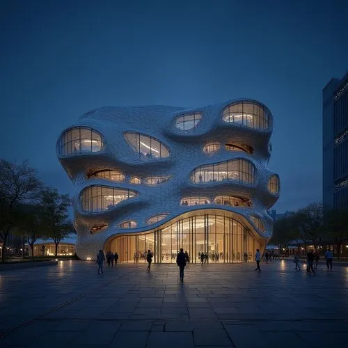  ,people walking around outside the building at night,bjarke,morphosis,safdie,architekten,futuristic architecture,elbphilharmonie