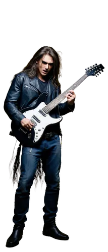 Muscular man, heavy metal musician, aggressive posture, messy long hair, black leather jacket, ripped jeans, black boots, holding electric guitar, headbanging, screaming, stage lighting, smoke effect,