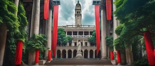 Grandiose, futuristic propaganda building, monumental structure, towering pillars, intricately carved stone walls, vibrant red banners draped across the facade, imposing clock tower, ornate balconies,