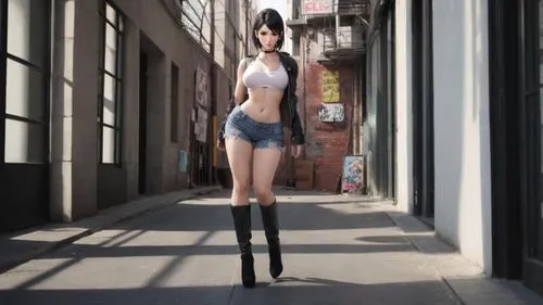 a beautiful woman wearing high boots in an alley,female model,skinniest,mannikin,articulated manikin,model doll,mmd