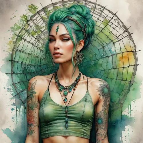 enchantress,faery,chryste,faerie,fantasy art,planescape,tattoo girl,karou,boho art style,viveros,fairie,fantasy portrait,the enchantress,dryad,boho art,fae,green mermaid scale,fairy peacock,behenna,seelie,Conceptual Art,Fantasy,Fantasy 17