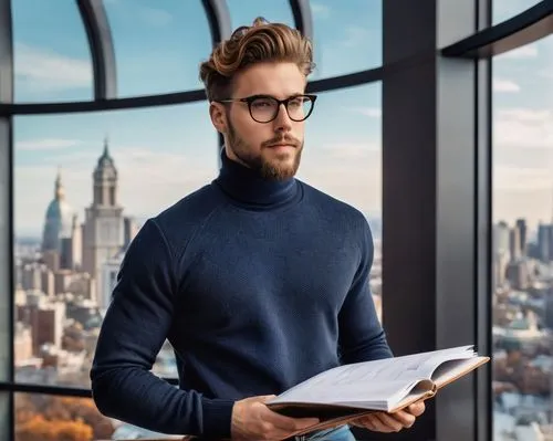 Young adult male, bachelor of design architecture, standing, confident pose, modern glasses, stylish hair, trimmed beard, black turtleneck sweater, dark blue jeans, brown leather shoes, holding a larg