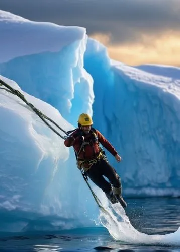 A picture of an explorer falling into the water, with a lifeline attached.,cable skiing,stand-up paddling,glaciologist,antarctic,antartica,freeskiing,skiboarding,antarctique,arctic antarctica,transant