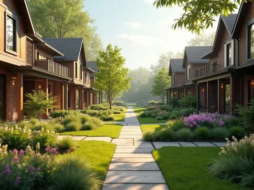 townhomes,townhouses,streamwood,netherwood,3d rendering,meadow rues,landscaped,subdivision,houses clipart,kleinburg,home landscape,suburbanized,old linden alley,aurora village,new housing development,townhome,suburban,bungalows,wooden houses,landscaping,Photography,General,Realistic