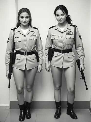 Black and white high resolution photography: The female soldiers walk side by side and appear relaxed, despite being in a military environment. They exchange warm smiles, showing their close friendshi