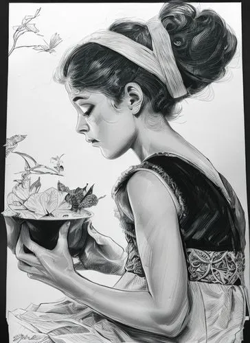charcoal drawing,girl with cereal bowl,pencil drawing,woman holding pie,woman eating apple,girl picking flowers,girl with bread-and-butter,girl drawing,woman playing,pencil drawings,lotus art drawing,pencil art,woman drinking coffee,girl in flowers,geisha girl,geisha,charcoal pencil,graphite,tea art,coffee tea drawing,Art sketch,Art sketch,Fine Decoration