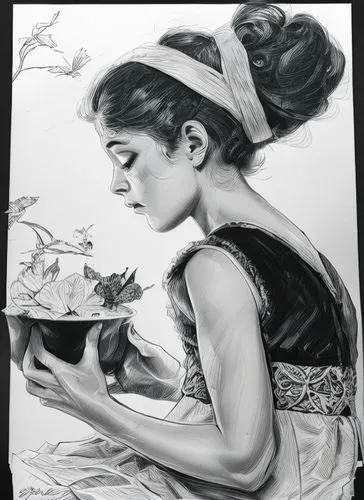 charcoal drawing,girl with cereal bowl,pencil drawing,woman holding pie,woman eating apple,girl picking flowers,girl with bread-and-butter,girl drawing,woman playing,pencil drawings,lotus art drawing,