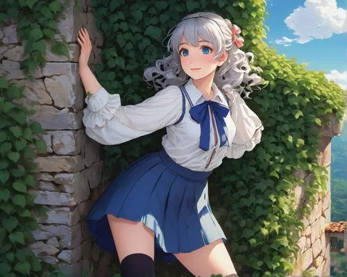 Donda 2, anime game cover, beautiful girl, long curly silver hair, blue eyes, cute nose, rosy cheeks, gentle smile, white blouse, tied with a blue ribbon, short pleated skirt, black thigh-high socks, 