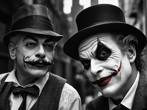 Write a humorous dialogue between Cesar Romero Joker and Batman in Gotham City. Include witty comebacks and funny one-liners.,comedy tragedy masks,joker,clowns,split personality,comedy and tragedy,faw