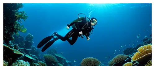 Underwater scene, coral reef, school of fish, shimmering scales, ocean plants, seaweed, scuba diver, oxygen tank, diving suit, flippers, underwater camera, bright blue water, sunlight filtering down, 