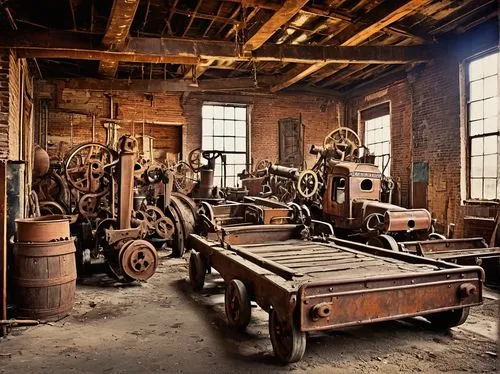 Abandoned architectural salvage yard in Columbus, Ohio, USA, worn rusty metal beams, old brick walls, broken concrete floors, discarded wooden planks, vintage construction equipment, retro signs, fade