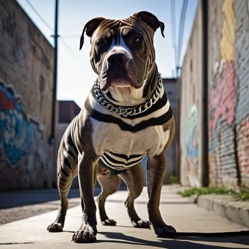 Muscular pitbull, male, zebra-striped fur pattern, black and white stripes, ripped muscular body, strong jaws, piercing brown eyes, short ears, standing on all fours, urban city street, graffiti backg