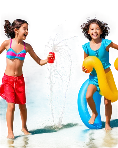 Splashing water, happy kids, summer season, bright sunshine, laughing faces, wet hair, colorful swimsuits, beach balls, inflatable pool toys, sprinklers, water guns, running legs, jumping actions, sha