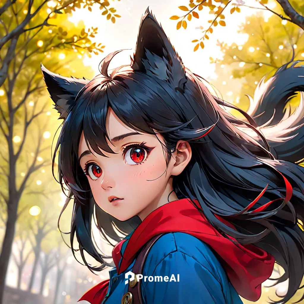 an 13-year old anime teenager with black wolf ears and tail tinted with red. she has long, black hair blowing in the wind, a determined look on her face,little red riding hood,inuyasha,red riding hood