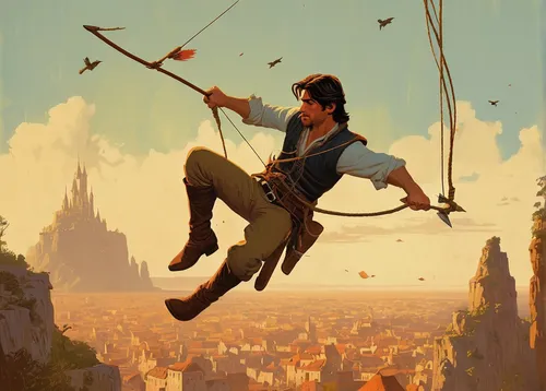 Write a thrilling action scene as Flynn Rider dodges arrows and swings from ropes.,bow and arrows,tightrope walker,tightrope,longbow,bows and arrows,bow and arrow,robin hood,bow arrow,montgolfiade,fly