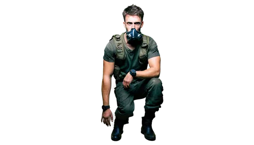 Young adult, male, gas mask removed, messy short hair, sweaty forehead, torn military uniform, ripped sleeves, worn-out boots, muscular arms, intense facial expression, dramatic lighting, high contras