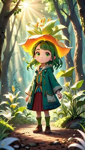 fae,robin hood,forest clover,tiki,forest background,fairy tale character,acerola,game illustration,child fairy,marie leaf,monsoon banner,summoner,meteora,adventurer,bard,nikko,fairy forest,matsuno,leaf background,little girl fairy,Anime,Anime,Cartoon