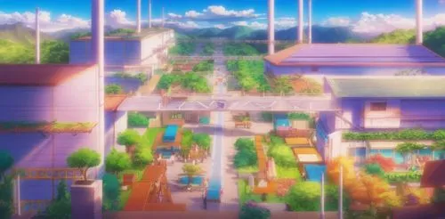 painting of a city with trees and buildings,shinbo,nouaimi,jewelpet,aquarion,flower shop,tanabata,Illustration,Japanese style,Japanese Style 03