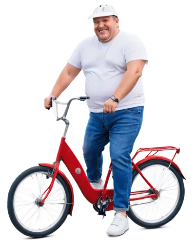 Fat man, middle-aged, casual wear, blue jeans, white T-shirt, sneakers, silver helmet, riding a red bicycle, sweaty face, smiling expression, morning sunlight, shallow depth of field, 3/4 composition,