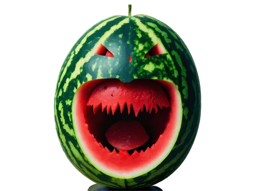 Scary watermelon, Halloween theme, green rind, bloodshot eyes, sharp teeth, menacing smile, vines wrapped around, glowing red pupils, dark night lighting, cinematic composition, shallow depth of field