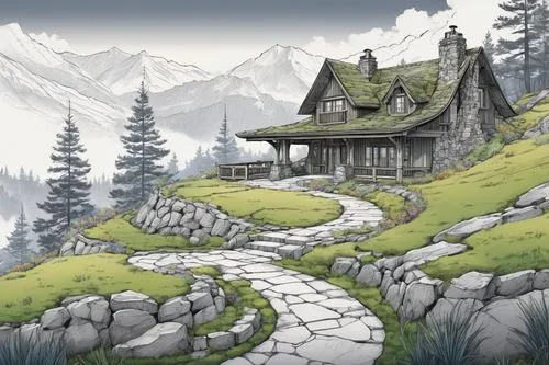 house in mountains,alpine village,mountain huts,home landscape,mountain settlement,house in the mountains,lonely house,mountain village,cottage,landscape background,cartoon video game background,moss landscape,alpine landscape,mountain hut,mountain scene,salt meadow landscape,little house,alpine pastures,house in the forest,the cabin in the mountains,Unique,Design,Blueprint