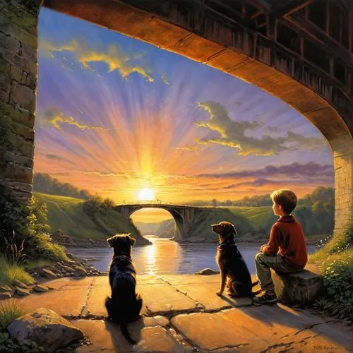 boy and dog,ghibli,children's background,kaitos,rainbow bridge,fantasy picture,Illustration,Realistic Fantasy,Realistic Fantasy 32