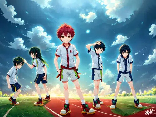 anime anime anime scene with four s standing on a track,seigaku,baseball team,otoya,aquarion,mmds,ekiden,Anime,Anime,Realistic