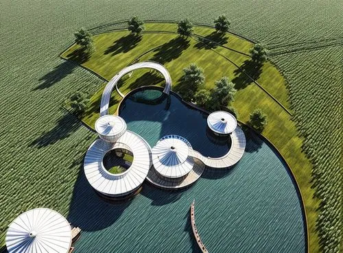 environmental art,artificial islands,floating stage,golf resort,infinity swimming pool,artificial island,inflatable ring,aerial landscape,calatrava,falkirk wheel,panoramical,lily pads,island suspended,floating islands,swim ring,golf landscape,fields of wind turbines,solar field,floating island,santiago calatrava,Architecture,General,Modern,Mid-Century Modern