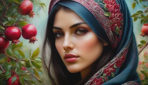 A beautiful woman with long, dark hair and an ornately embroidered headscarf, gazes thoughtfully at a pomegranate tree in bloom.,pomegranates,argan tree,yalda,islamic girl,pomegranate,muslim woman,arg