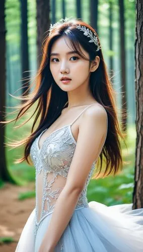 Korea super star girl in a forest ,a beautiful young lady with long hair in a white dress,qiong,gorani,fairy tale character,snh,forest background,fairy queen