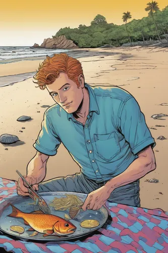 Fry a fish fillet on a serene beach,bahian cuisine,cooking book cover,frying fish,sea food,paella,star-lord peter jason quill,plate full of sand,seafood boil,sea foods,pandesal,beach restaurant,fish f