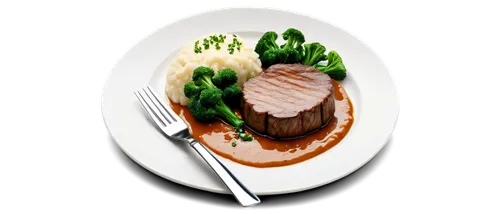 Delicious food plate, round shape, white ceramic material, various dishes, steak, broccoli, mashed potatoes, gravy sauce, silver fork and knife, garnish with parsley, warm lighting, shallow depth of f