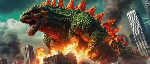 Female Godzilla, powerful, giant, muscular body, green scaly skin, sharp claws, fiery breath, Tokyo cityscape, skyscrapers, destruction, smoke, fire, dark clouds, stormy weather, low-angle shot, cinem