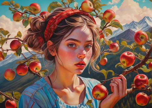 A determined girl picking apples on a windy mountain top.,girl picking apples,woman eating apple,apple harvest,red apples,apple orchard,picking apple,apple trees,apple mountain,apple tree,orchards,orc