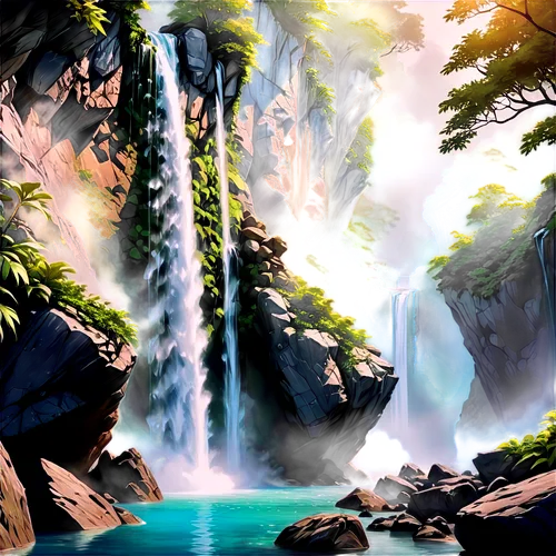 cartoon video game background,ash falls,cascada,water falls,waterfall,water fall,waterfalls,a small waterfall,brown waterfall,rainforests,rainforest,alfheim,nature background,tropical forest,cartoon forest,bridal veil fall,diamond lagoon,silverglade,falls,lagoon,Illustration,American Style,American Style 13