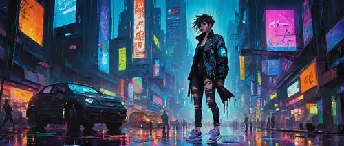 cyberpunk,pedestrian,tokyo city,dystopian,pedestrians,shinjuku,a pedestrian,walking in the rain,tokyo,2d,urban,sci fiction illustration,shibuya,hatsune miku,cityscape,dystopia,valerian,in the rain,vertigo,taipei,Conceptual Art,Oil color,Oil Color 20