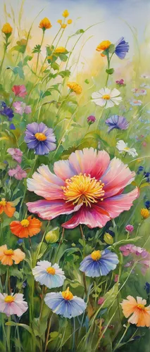 meadow in pastel,flower painting,flower meadow,summer meadow,flowering meadow,blanket of flowers,blanket flowers,wildflower meadow,gerbera daisies,cosmos autumn,flower field,summer flowers,splendor of flowers,carol colman,flowers field,meadow flowers,cosmos flowers,flower garden,marguerite daisy,field of flowers,Illustration,Retro,Retro 20