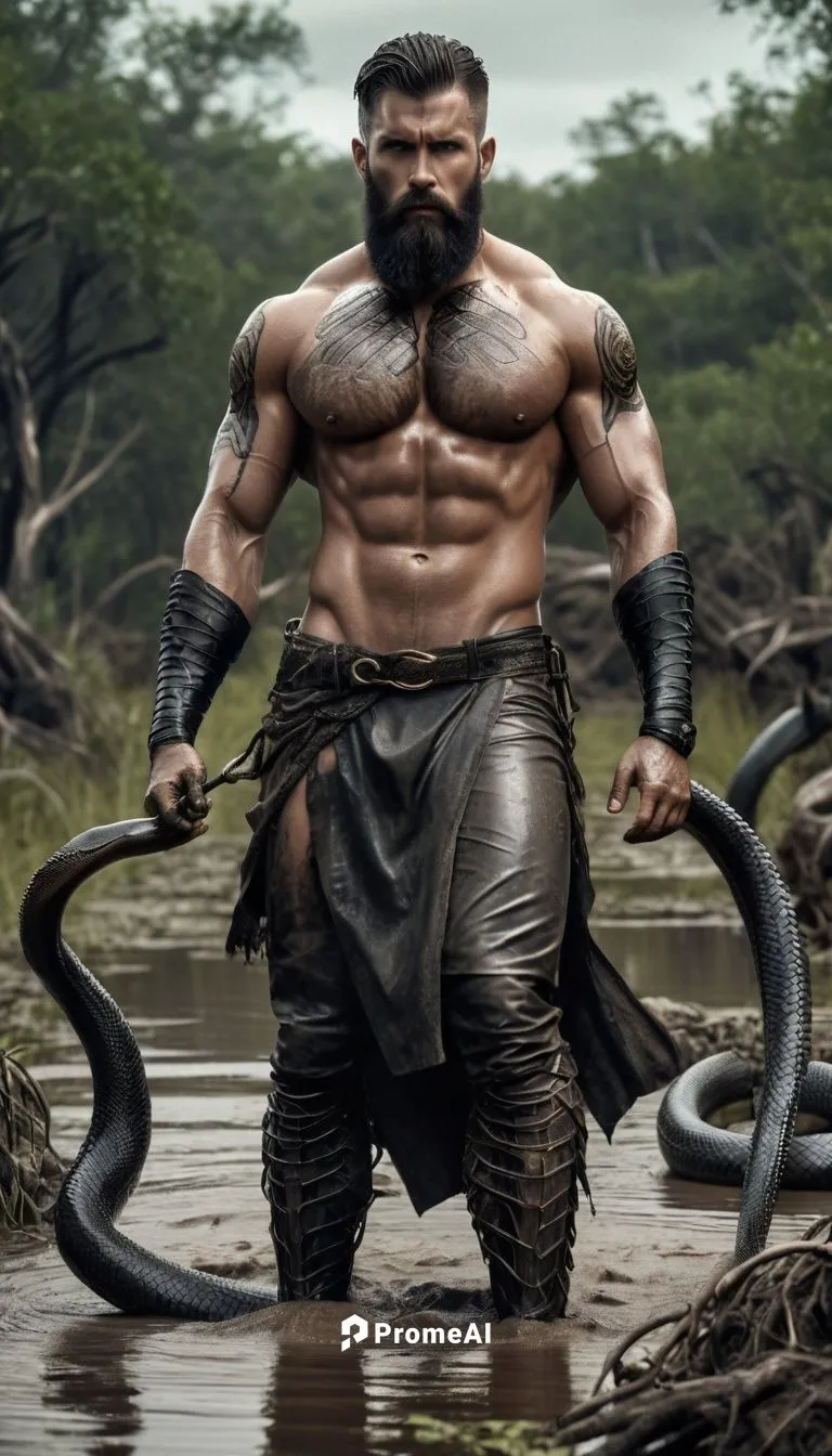 A gorgeous dark bearded 30 years old god with great powerful muscles sits in the swamp with full of anacondas, his body is partially covered by mud. Snakes wrapped in his legs hisses. His wet, tight, 