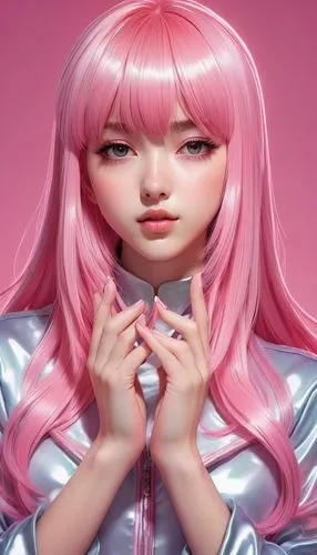 High resolution, Beautiful anime girl with long straight pink hair and bangs, touching her face with both hands, wearing shiny clothes on pink background, Artgerm style high quality, kawaii manga styl