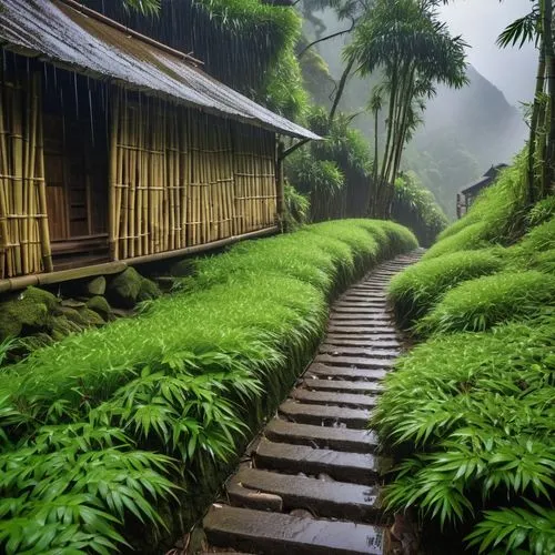 rice terrace,vietnam,rice terraces,bamboo forest,rice fields,rice field,wooden path,japan landscape,hiking path,pathway,flooded pathway,walkway,the rice field,wooden bridge,green landscape,winding steps,taiwan,the mystical path,rice paddies,vietnam's,Photography,General,Realistic