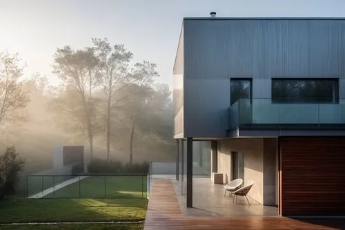 with out change object scene convert  ,a modern home on a misty day in a forested area,modern house,cubic house,dunes house,cube house,modern architecture,vivienda,Photography,General,Realistic