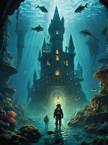 Dark mysterious underwater scene, Hogwarts castle ruins submerged in murky depths, old stone walls covered in seaweed, dimly lit by glowing jellyfish, a giant squid's tentacles wrapped around a crumbl